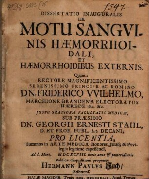 Diss. inaug. de motu sanguinis haemorrhoidali et haemorrhoidibus, externis