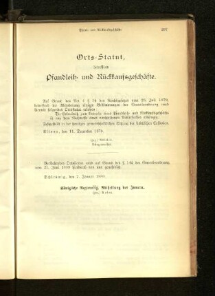 Orts-Statut, betreffend Pfandleih- und Rückkaufsgeschäfte.