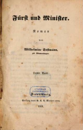 Fürst und Minister : Roman von Wilhelmine Sostmann, geb. Blumenhagen. 3