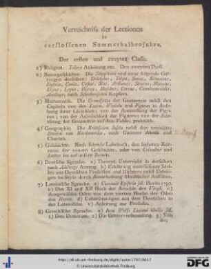Verzeichniss der Lectionen im verflossenen Sommerhalbenjahre.