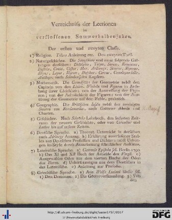 Verzeichniss der Lectionen im verflossenen Sommerhalbenjahre.