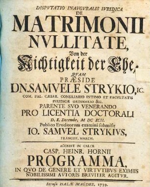 Disputatio Inauguralis Iuridica De Matrimonii Nullitate : = Von der Nichtigkeit der Ehe