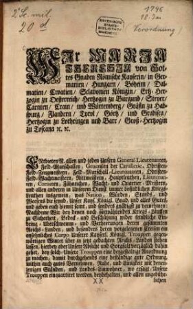 Verordnung der Kaiserin Maria Theresia, das Verhalten der Reichstruppen in den Winterquartieren betreffend : Wien den 18. Januarii 1746