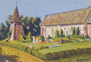 Alte Kirche mit danebenstehendem Glockenturm in Langenäs in Schleswig September 1947