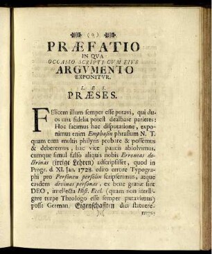 Præfatio In Qua Occasio Scripti Cum Eius Argumento Exponitur.