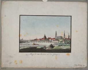 Stadtansicht von Dresden, Blick von Westen aus dem großen Ostragehege über die Elbe mit der Schiffsmühle auf die Altstadt und die Augustusbrücke