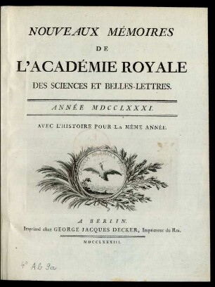 1781: Nouveaux mémoires de l'Académie Royale des Sciences et Belles-Lettres année MDCCLXXXI