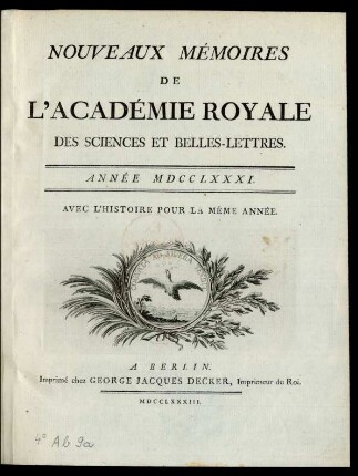 1781: Nouveaux mémoires de l'Académie Royale des Sciences et Belles-Lettres année MDCCLXXXI