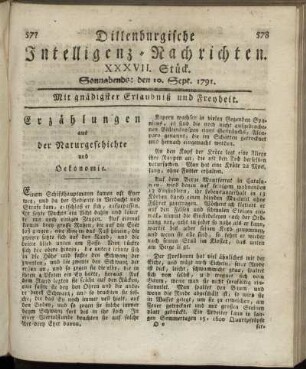 XXXVII. Stück. Sonnabends: den 10. Sept. 1791.