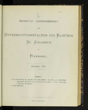 6.1878: Jahresbericht der Unterrichtsanstalten des Klosters St. Johannis zu Hamburg