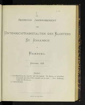6.1878: Jahresbericht der Unterrichtsanstalten des Klosters St. Johannis zu Hamburg