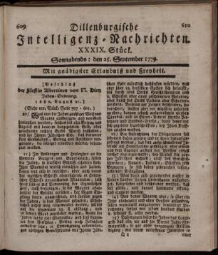 XXXIX. Stück. Sonnabends: den 25. September 1779.