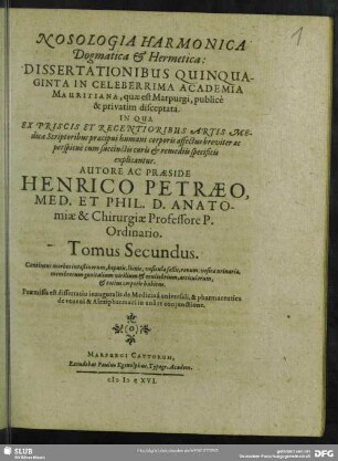 2: Nosologia harmonica dogmatica et hermetica : dissertationibus quinquaginta disceptata
