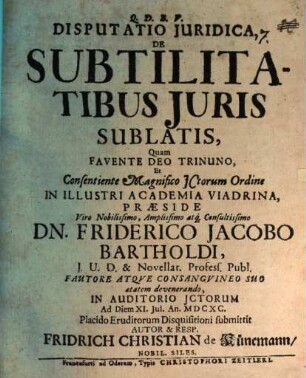 Diss. iur. de subtilitatibus iuris sublatis