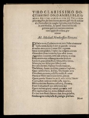 Viro Clarissimo Doctissimo Dn. Danieli Blennoni ...
