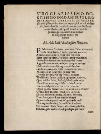 Viro Clarissimo Doctissimo Dn. Danieli Blennoni ...