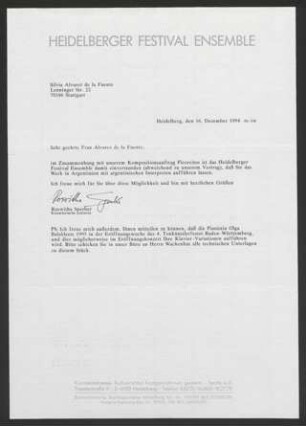 Brief: Heidelberger Festival Ensemble an Alvarez de la Fuente, Silvia, 16. Dezember 1994.