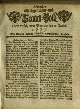 Kölnischer eilfertiger Welt- und Staats-Both. 1777-1777