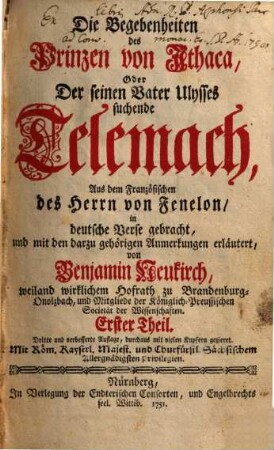 Die Begebenheiten des Prinzen von Ithaca, Oder Der seinen Vater Ulysses suchende Telemach, 1