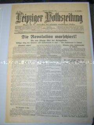 Unabhängige sozialdemokratische Tageszeitung "Leipziger Volkszeitung" zu den revolutionären Kämpfen in Norddeutschland, Schlagzeile: "Die Revolution marschiert"