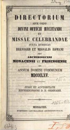 Directorium sive ordo divini officii recitandi et missae celebrandae. 1865