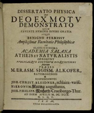 Dissertatio Physica De Deo Ex Motu Demonstrato