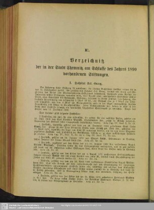 E. Verzeichniß der in der Stadt Chemnitz am Schlusse des Jahres 1890 vorhandenen Stiftungen