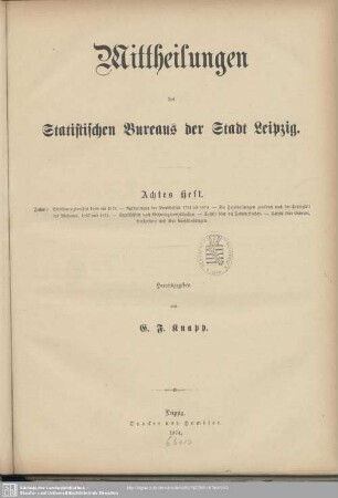 8.1874: Mittheilungen des Statistischen Bureaus der Stadt Leipzig