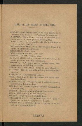 Lista de los trajes de esta obra