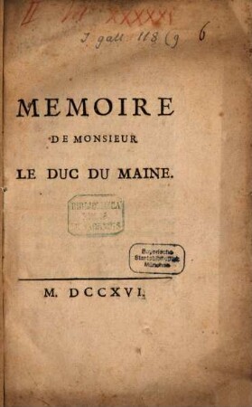 Mémoire de Monsieur le Duc du Maine