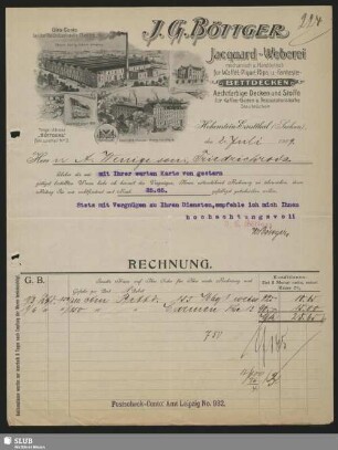J. G. Böttger, Jacquard-Weberei, Hohenstein-Ernstthal (Sachsen) : Rechnung