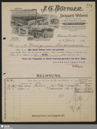 J. G. Böttger, Jacquard-Weberei, Hohenstein-Ernstthal (Sachsen) : Rechnung