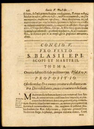 Concio V. Pro Festo S. Blasii Episcopi Et Martyris.