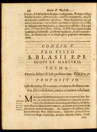 Concio V. Pro Festo S. Blasii Episcopi Et Martyris.