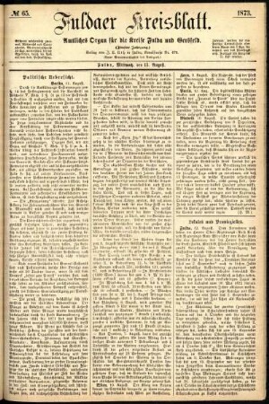 Erste Ausgabe vom Mittwoch, den 13. August 1873.