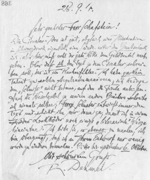 Brief an den Verlag Schafstein & Co