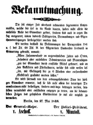 Bekanntmachung. Die seit einiger Zeit überhand nehmenden sogenannten Katzenmusiken, [...]