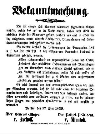 Bekanntmachung. Die seit einiger Zeit überhand nehmenden sogenannten Katzenmusiken, [...]
