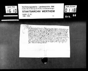 Graf Johann von Wertheim bekennt, daß ihm Bischof Rudolf von Würzburg (Wirtzpurg) 312 1/2 Gulden, welche er ihm von der Losung des Schlosses Rothenfels (Rotenfels) und dem Kauf von Gütern noch schuldig war, bezahlt hat.