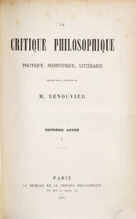 La critique philosophique, politique, scientifique, littéraire. 7,1. 1878