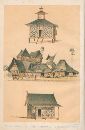 1 Eendorpm in West-Java. 2 Een Javaansche hut. 3 Een Javaansch bedehuis