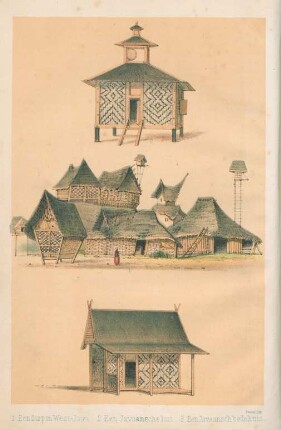 1 Eendorpm in West-Java. 2 Een Javaansche hut. 3 Een Javaansch bedehuis