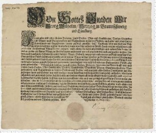 Münzedikt Herzog Georg Wilhelms zu Braunschweig-Lüneburg. Eigenhändige Unterschrift.