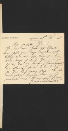 Brief von Gustav Schmidt, Magdeburg : 07.10.1898