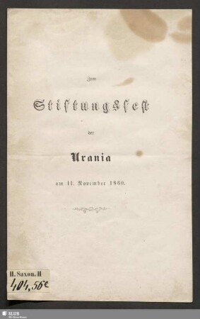 Zum Stiftungsfest der Urania : am 11. November 1860