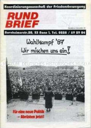 Mitteilungsblatt (Rundbrief) des Koordinierungsausschusses der Friedensbewegung u.a. mit einer Dokumentation zu den Protestaktionen in Hasselbach und Hunsrück und zur Einbringungsmöglichkeit der Friedensbewegung in den Bundestagswahlkampf 1987 - Sachkonvolut