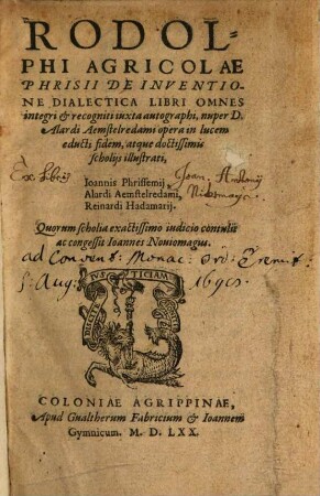 Rodolphi Agricolae De Inventione Dialectica Libri Omnes