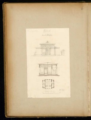 Omnibuswartesalon Monatskonkurrenz Februar 1868: Grundriss, Aufriss Vorderansicht, Längsschnitt; 2 Maßstabsleisten
