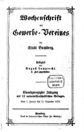 Wochenschrift des Gewerbe-Vereins Bamberg. 21. 1872