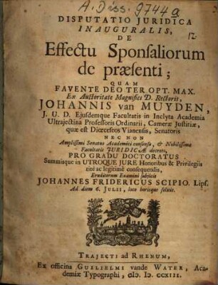 Disputatio Iuridica Inauguralis, De Effectu Sponsaliorum de praesenti